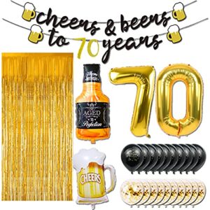 70th Birthday Decorations for Men, 70 Years Birthday Decorations with 40 Inch Gold Number Balloons, Banner, 70 Sign Latex Balloon, Fringe Curtains and Cups Foil Balloons