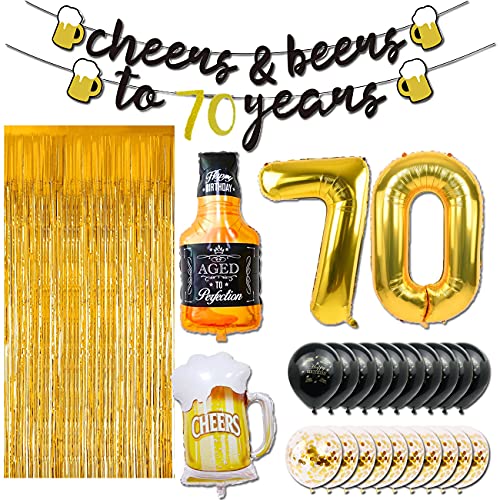 70th Birthday Decorations for Men, 70 Years Birthday Decorations with 40 Inch Gold Number Balloons, Banner, 70 Sign Latex Balloon, Fringe Curtains and Cups Foil Balloons