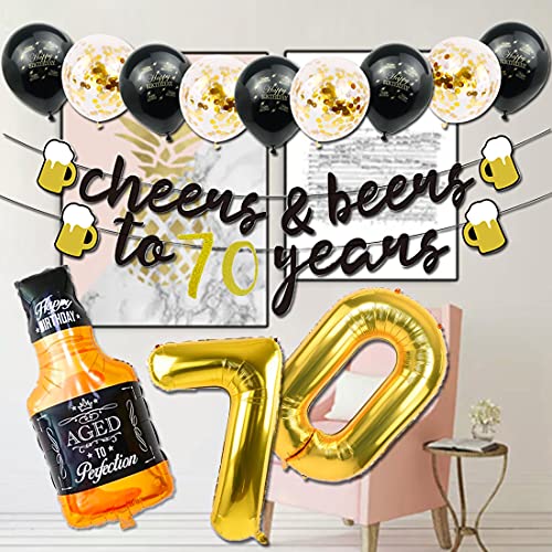 70th Birthday Decorations for Men, 70 Years Birthday Decorations with 40 Inch Gold Number Balloons, Banner, 70 Sign Latex Balloon, Fringe Curtains and Cups Foil Balloons