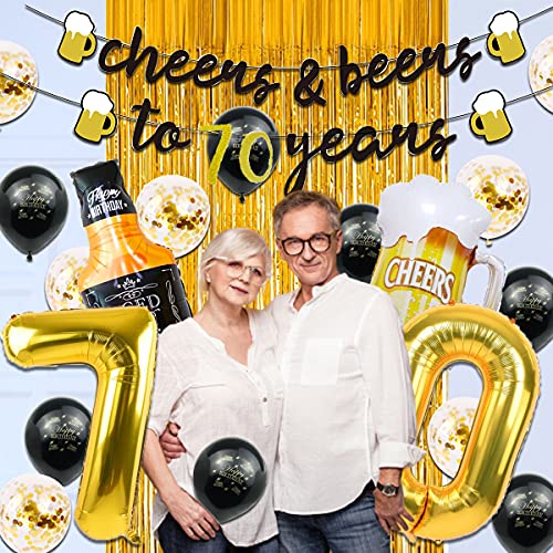 70th Birthday Decorations for Men, 70 Years Birthday Decorations with 40 Inch Gold Number Balloons, Banner, 70 Sign Latex Balloon, Fringe Curtains and Cups Foil Balloons