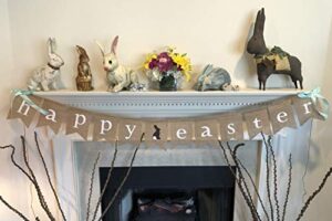 happy easter burlap banner garland – bunny rabbit & fluffy tail design – ready to hang wall decor – complete with hanging ribbon decoration – by jolly jon