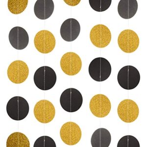 weven black and glitter gold paper garland, circle dots banner bunting streamer hanging party decorations, 2.5″ in diameter, 20 feet in total