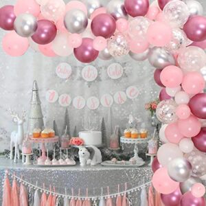 106 Pack Winter Snowflake Balloon Garland Winter Wonderland Party Decoration Balloon Pink and Silver for Baby Shower Winter Onederland Winter 1st Birthday or Baby Its Cold Outside Decorations