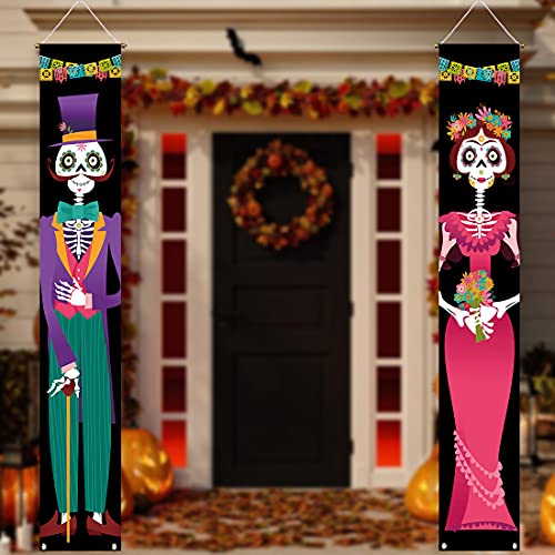 Allenjoy Day of The Dead Porch Sign Door Banner Halloween Costume Mexico Dia De Los Muertos Baby Shower Birthday Party Supplies Decorations Flag Welcome Hanging Home Wall Decor 11.8x70.9 Inch 2PCS