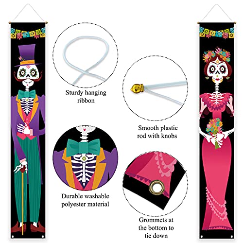 Allenjoy Day of The Dead Porch Sign Door Banner Halloween Costume Mexico Dia De Los Muertos Baby Shower Birthday Party Supplies Decorations Flag Welcome Hanging Home Wall Decor 11.8x70.9 Inch 2PCS