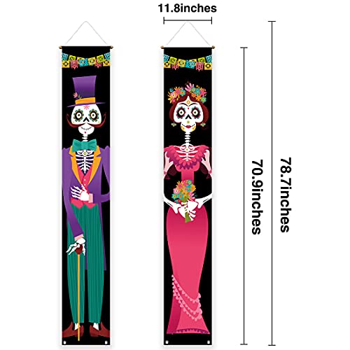 Allenjoy Day of The Dead Porch Sign Door Banner Halloween Costume Mexico Dia De Los Muertos Baby Shower Birthday Party Supplies Decorations Flag Welcome Hanging Home Wall Decor 11.8x70.9 Inch 2PCS