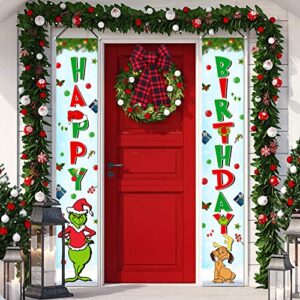 christmas happy birthday porch sign banner, christmas decorations green monster door banner welcome porch sign for front door outside yard christmas new year birthday party supplies