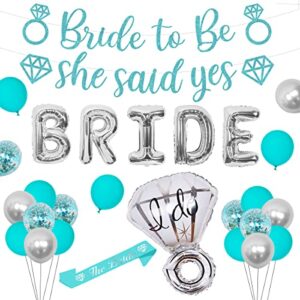 teal bachelorette party decorations kit, bridal shower decorations teal for girls with bride letter balloons, she said yes glitter banner, the bride sash and silver diamond ring foil balloon