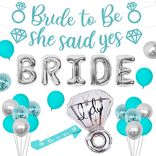 Teal Bachelorette Party Decorations Kit, Bridal Shower Decorations Teal for Girls with Bride Letter Balloons, She Said Yes Glitter Banner, The Bride Sash and Silver Diamond Ring Foil Balloon