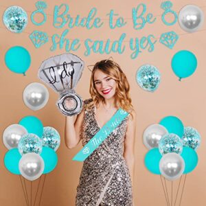 Teal Bachelorette Party Decorations Kit, Bridal Shower Decorations Teal for Girls with Bride Letter Balloons, She Said Yes Glitter Banner, The Bride Sash and Silver Diamond Ring Foil Balloon