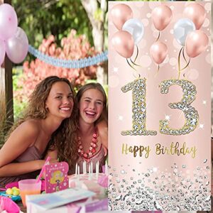 13th Birthday Door Banner Backdrop Decorations for Girls, Pink Rose Gold Happy 13th Birthday Door Cover Party Supplies, 13 Year Old Birthday Door Sign Decor for Outdoor Indoor