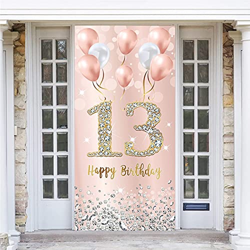 13th Birthday Door Banner Backdrop Decorations for Girls, Pink Rose Gold Happy 13th Birthday Door Cover Party Supplies, 13 Year Old Birthday Door Sign Decor for Outdoor Indoor