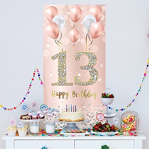 13th Birthday Door Banner Backdrop Decorations for Girls, Pink Rose Gold Happy 13th Birthday Door Cover Party Supplies, 13 Year Old Birthday Door Sign Decor for Outdoor Indoor