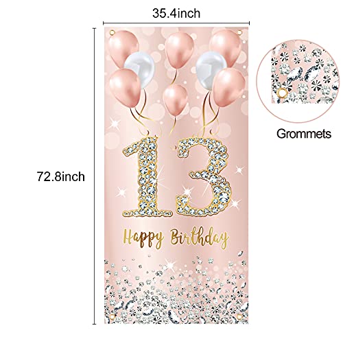 13th Birthday Door Banner Backdrop Decorations for Girls, Pink Rose Gold Happy 13th Birthday Door Cover Party Supplies, 13 Year Old Birthday Door Sign Decor for Outdoor Indoor