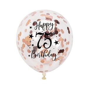 rose gold 75th confetti latex balloons, woman happy 75 years birthday party balloon decoration with confetti, 12in, 16 pack