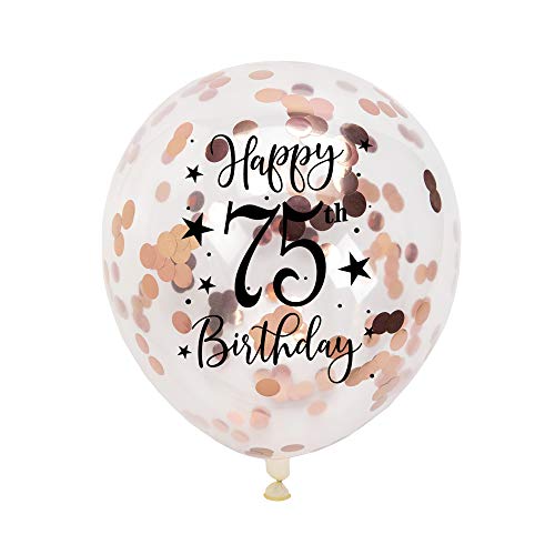 Rose Gold 75th Confetti Latex Balloons, Woman Happy 75 Years Birthday Party Balloon Decoration With Confetti, 12in, 16 Pack