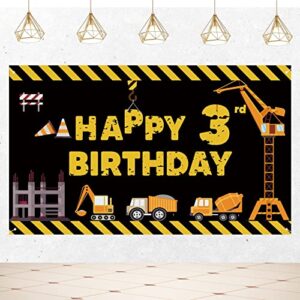 joyiou construction theme happy 3rd birthday decorations backdrop banner for boy kids, three years old yellow black dump truck birthday party excavator crane sign supplies photo booth props (5* 3 ft)