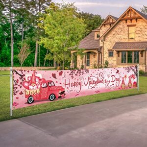 large happy valentines day banner outdoor decorations 120″ x 20″ valentine’s yard sign pink flowers hearts love truck cute gnomes trees balloons holiday party supplies valentine backdrop home decor with brass grommets for garden house fence garage indoor