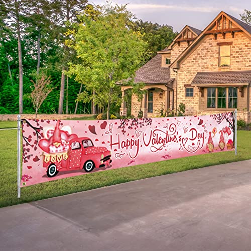 Large Happy Valentines Day Banner Outdoor Decorations 120" x 20" Valentine's Yard Sign Pink Flowers Hearts Love Truck Cute Gnomes Trees Balloons Holiday Party Supplies Valentine Backdrop Home Decor with Brass Grommets for Garden House Fence Garage Indoor