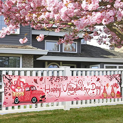 Large Happy Valentines Day Banner Outdoor Decorations 120" x 20" Valentine's Yard Sign Pink Flowers Hearts Love Truck Cute Gnomes Trees Balloons Holiday Party Supplies Valentine Backdrop Home Decor with Brass Grommets for Garden House Fence Garage Indoor