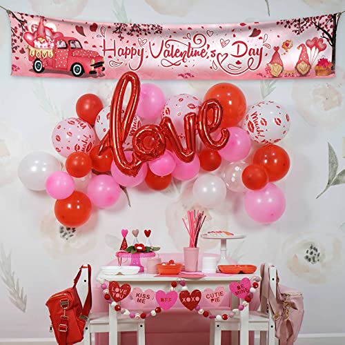 Large Happy Valentines Day Banner Outdoor Decorations 120" x 20" Valentine's Yard Sign Pink Flowers Hearts Love Truck Cute Gnomes Trees Balloons Holiday Party Supplies Valentine Backdrop Home Decor with Brass Grommets for Garden House Fence Garage Indoor