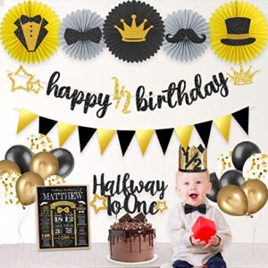 half birthday decorations baby boy, hombae 1/2 birthday boy decorations supplies, 6 months birthday decorations boy, black gold glitter half birthday banner with triangle flag banner, 1/2 birthday hat crown with black bow tie, halfway to one cake topper,