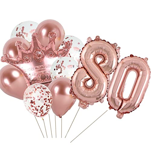 KUNGOON 80th Birthday Balloon,Rose Gold Number 80 Mylar Balloon,Funny 80th Birthday/Wedding Anniversary Crown Aluminum Foil Balloon Decoration for Women/Men.