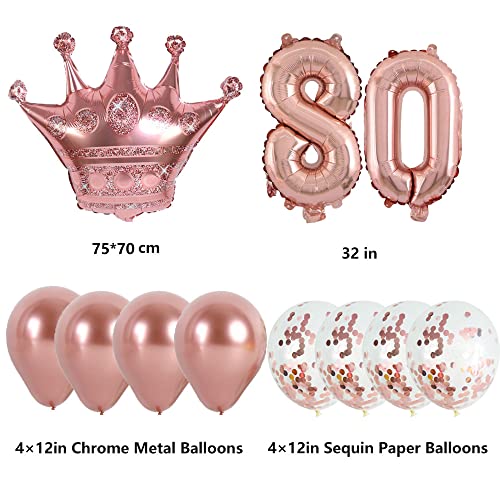 KUNGOON 80th Birthday Balloon,Rose Gold Number 80 Mylar Balloon,Funny 80th Birthday/Wedding Anniversary Crown Aluminum Foil Balloon Decoration for Women/Men.