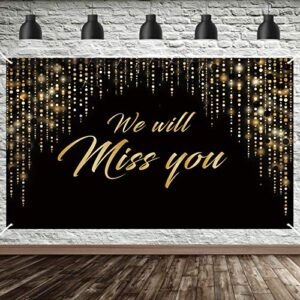 luxiocio we will miss you banner decorations, extra large going away party backdrop supplies, black gold farewell party retirement graduation office work party poster photo booth(6 x 3.6ft)