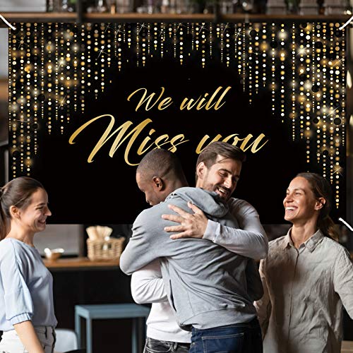 Luxiocio We Will Miss You Banner Decorations, Extra Large Going Away Party Backdrop Supplies, Black Gold Farewell Party Retirement Graduation Office Work Party Poster Photo Booth(6 x 3.6ft)