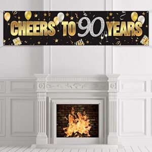 90th birthday banner, happy 90th birthday decorations with cheers to 90 years, black gold glitter birthday sign backdrop supplies for 90 birthday
