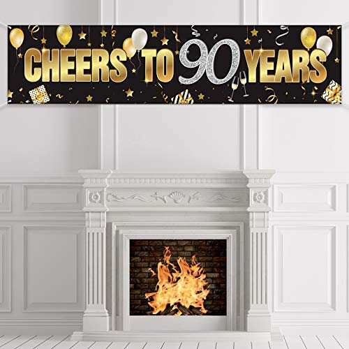 90th Birthday Banner, Happy 90th Birthday Decorations with Cheers to 90 Years, Black Gold Glitter Birthday Sign Backdrop Supplies for 90 Birthday