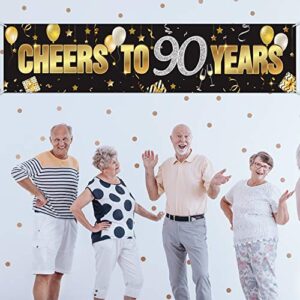 90th Birthday Banner, Happy 90th Birthday Decorations with Cheers to 90 Years, Black Gold Glitter Birthday Sign Backdrop Supplies for 90 Birthday