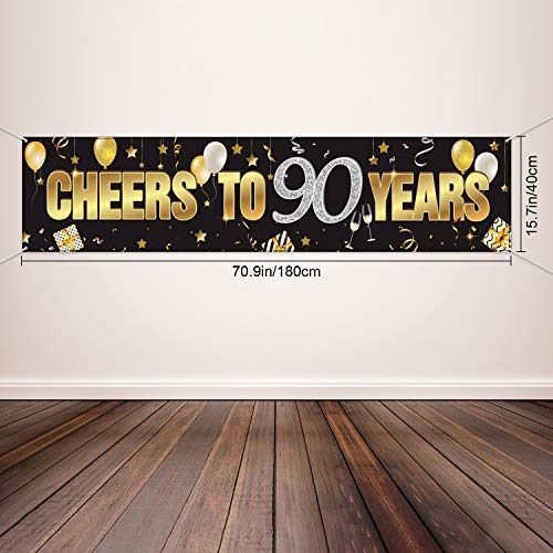 90th Birthday Banner, Happy 90th Birthday Decorations with Cheers to 90 Years, Black Gold Glitter Birthday Sign Backdrop Supplies for 90 Birthday