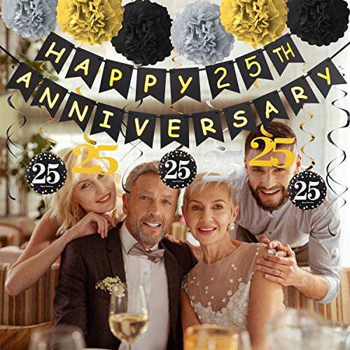 25th Anniversary Party Decorations Kit - Gold Glitter Happy 25th Anniversary Banner, 9Pcs Sparkling 25 Hanging Swirl, 6Pcs Poms - for 25th Wedding Anniversary Party Decorations