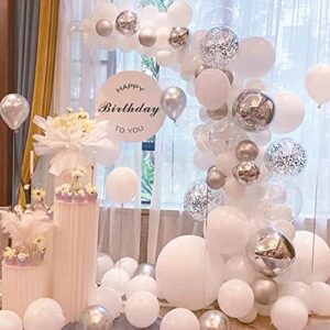 60 PCS White Silver Confetti Latex Balloons, 12 inch Silver Metallic Balloon with White Latex Balloons for Wedding Birthday Baby Shower Decorations