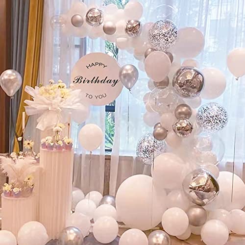 60 PCS White Silver Confetti Latex Balloons, 12 inch Silver Metallic Balloon with White Latex Balloons for Wedding Birthday Baby Shower Decorations