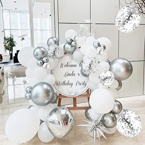 60 PCS White Silver Confetti Latex Balloons, 12 inch Silver Metallic Balloon with White Latex Balloons for Wedding Birthday Baby Shower Decorations