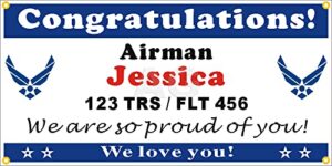 mufga alice graphics 22″ x 44″ custom personalized congratulations airman us air force basic military training (bmt) graduation banner sign or welcome home banner (2 usaf logos)