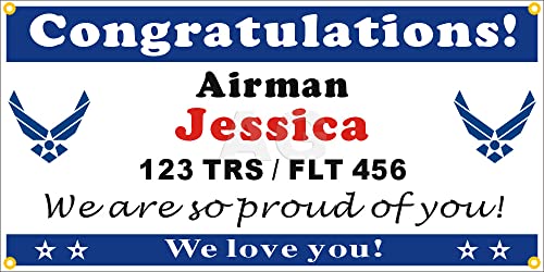 MUFGA Alice Graphics 22" X 44" Custom Personalized Congratulations Airman US Air Force Basic Military Training (BMT) Graduation Banner Sign or Welcome Home Banner (2 USAF Logos)