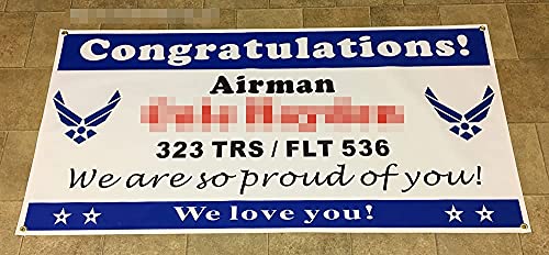 MUFGA Alice Graphics 22" X 44" Custom Personalized Congratulations Airman US Air Force Basic Military Training (BMT) Graduation Banner Sign or Welcome Home Banner (2 USAF Logos)