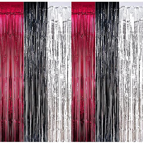 HappyField Burgundy Black Silver Foil Fringe Curtains for Bridal Shower Baby Shower Wedding Gender Reveal Maroon Black Silver Birthday Party Decorations Maroon Graduation Party Decorations 2023