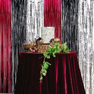 HappyField Burgundy Black Silver Foil Fringe Curtains for Bridal Shower Baby Shower Wedding Gender Reveal Maroon Black Silver Birthday Party Decorations Maroon Graduation Party Decorations 2023