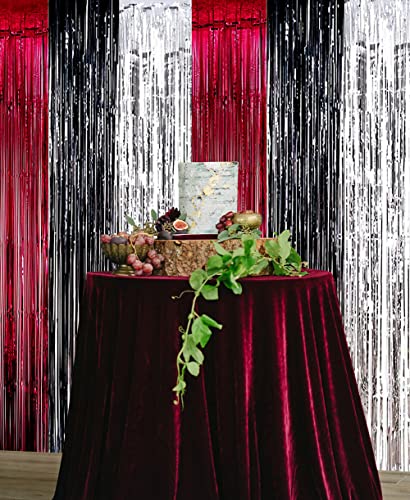 HappyField Burgundy Black Silver Foil Fringe Curtains for Bridal Shower Baby Shower Wedding Gender Reveal Maroon Black Silver Birthday Party Decorations Maroon Graduation Party Decorations 2023