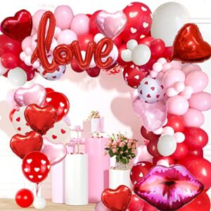 116pcs valentine’s day balloons garland arch kit include red pink white balloons,heart printed balloons , foil mylar heart balloons, valentines wedding party decoration supplies