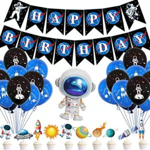 Mcoolars Outer Space Party Decoration Set, Astronaut Balloons, Happy Birthday Banner, Cupcake Toppers, for Boys Kids Space Astronaut Theme Birthday Party Supplies, FA-D2