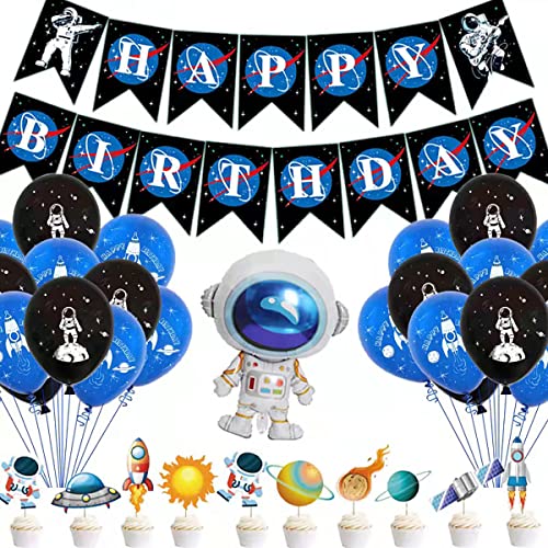 Mcoolars Outer Space Party Decoration Set, Astronaut Balloons, Happy Birthday Banner, Cupcake Toppers, for Boys Kids Space Astronaut Theme Birthday Party Supplies, FA-D2