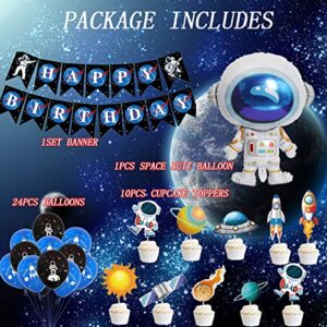 Mcoolars Outer Space Party Decoration Set, Astronaut Balloons, Happy Birthday Banner, Cupcake Toppers, for Boys Kids Space Astronaut Theme Birthday Party Supplies, FA-D2