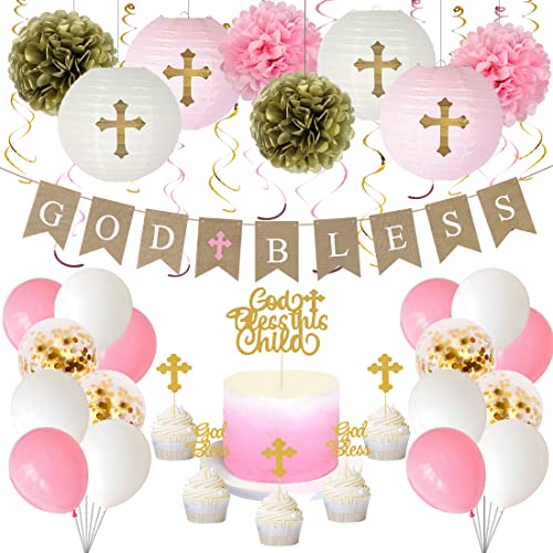 Baptism Decorations for Girls, First Communion Decorations, Christening Decor 1st Holy Communion Party Supplies God Bless Banner Pink Party