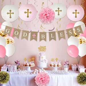 Baptism Decorations for Girls, First Communion Decorations, Christening Decor 1st Holy Communion Party Supplies God Bless Banner Pink Party